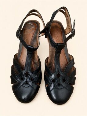 Classic Black Leather T-Strap Women's Low heel